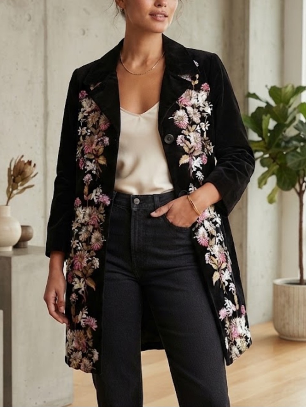 90s Vintage Black Velvet Floral Embroidered Long Coat